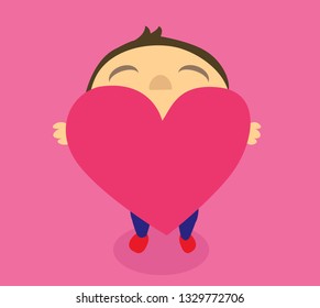 Vector illustration of cute little boy holding big pink heart as a gift on mothers day isolated on pink background