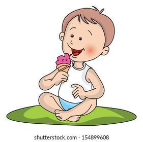 Vector illustration of cute little boy eating ice cream.