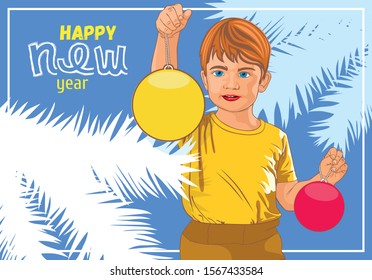 Vector illustration of a cute little boy with Christmas balls in his hands. Color greeting card. White branches of spruce on a blue background.