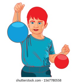 Vector illustration of a cute little boy with Christmas balls in his hands. Color template for design decoration. Isolated character on white background.