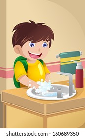 A vector illustration of cute little  boy washing his hands