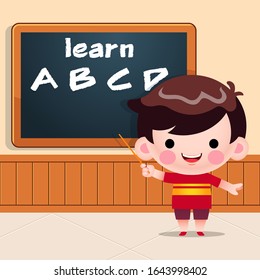 Vector Illustration Cute Little Boy Teaching Alphabet Standing In Front Of Chalk Board With A Pointer