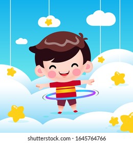 Vector Illustration Cute Little Boy Playing Hula Hoop On Cloud