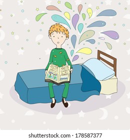 Vector illustration with cute little boy reading book