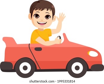 Ilustración vectorial de un lindo niño que ondea con la mano en un gran coche de juguete rojo