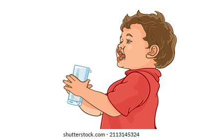 Ilustración vectorial de un niño lindo que sostiene un vaso lleno de agua, desbordamiento o goteo aislado en blanco, espacio vacío para el texto, Crecimiento infantil, Tiempo de beber agua para el concepto de beneficios de salud.