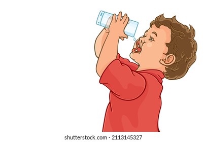 Ilustración vectorial de un niño lindo bebió un vaso de agua hasta la última gota aislada en fondo blanco, espacio de copia, espacio vacío para texto, crecimiento infantil, Tiempo de beber agua para beneficios de salud.