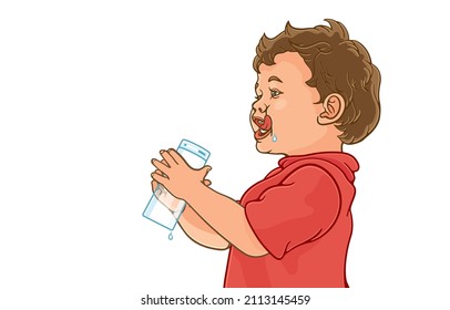 Vector illustration of cute little boy licking lips while holding an empty glass upside down to show that water has run out,last drop,on white,Childhood growth,Dink water for health benefits concept.