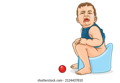 Vector Illustration Of Cute Little Boy Sitting On Potty Crying With Suffering From Constipation,stomach Pain Symptom,defecate,diarrhea,toilet Training,on White.Discomfort,abdominal Pain In Children.