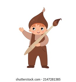 Vector illustration of a cute little boy in brown color clothes holding a brush and paints. Teaching your child basic colors.
