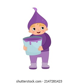 Vector illustration of a cute little boy in violet color clothes holding paints. Teaching your child basic colors.
