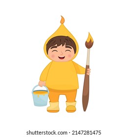 Vector illustration of a cute little boy in yellow color clothes holding a brush and paints. Teaching your child basic colors.
