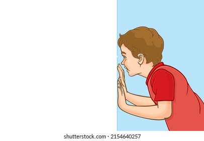 Vector illustration of cute little boy curiously peeked the other side of wall through small hole,hiding behind wall,hand pushing against wall,smiling,laughing,side view,empty space,Child's curiosity.