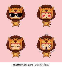 vector illustration of cute little boy wearing lion costume