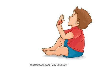 Vector illustration of cute little boy suffering from wrist injury,wounds from accident on palm,fingers,wrist fracture,crying in pain from severe wound,isolated on white.Prevent accidents in children.