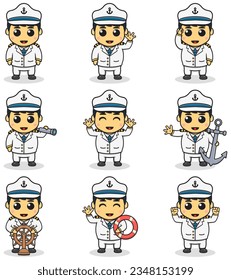 Vector Illustration of Cute little boy character Captian Navy, sailors costume. Big set of cute cartoon children in professions. Cartoon flat style