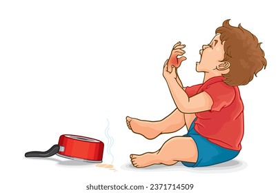 Vector illustration of cute little boy crying in kitchen suffering from hot water in pot,accidental accident,playing dangerously,painful,injured,isolated on white.Prevent accidents for children.