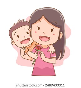 Vector illustration of cute little boy giving mother a rose flower. Happy Mother's Day.