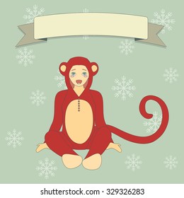Vector Illustration of a cute little boy in suit of a monkey. New Year Background.