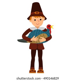 Vector illustration cute little boy holding a big turkey isolated on white background