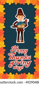 Vector illustration cute little boy holding a big turkey card