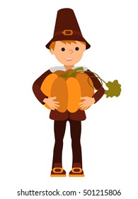 Vector illustration cute little boy holding a big pumpkin isolated on white background for Happy Thanksgiving Day celebrations.