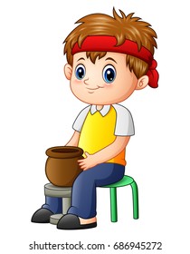 Vector illustration of Cute little boy potter makes clay pot