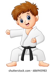 Vector illustration of Cute little boy doing karate