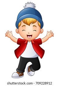 Vector illustration of Cute little boy raising hands