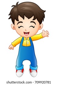 Vector illustration of Cute little boy standing in jumpsuit waving