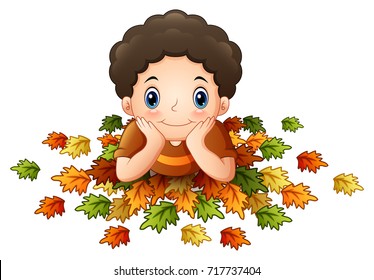 Vector illustration of Cute little boy with autumn leaves