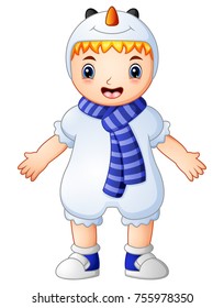 Vector illustration of Cute little boy wearing christmas snowman costume with blue scarf