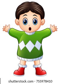 Vector illustration of Cute little boy in winter clothes waving