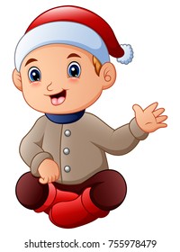 Vector illustration of Cute little boy in santa hat waving