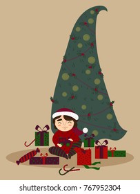 A vector illustration of cute little boy opening a present under the Christmas tree. Small boy with gift at New Year.