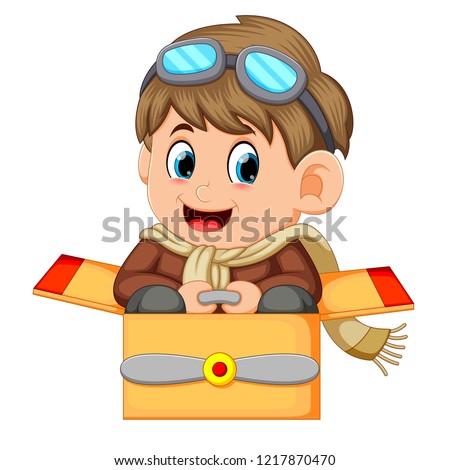 vector illustration of Cute little boy in pilot costume and glasess playing with airplane toys