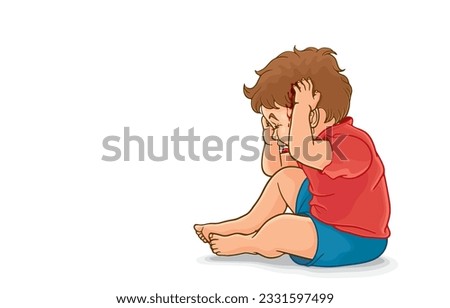Vector illustration of cute little boy suffering from head injury,broken head,bleeding wounds from accident,crying in pain from severe wound,isolated on white.Prevent accidents in naughty children.