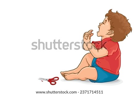 Vector illustration of cute little boy crying in pain from cutting finger with scissors,accidental accident,playing dangerously,painful,injured,isolated on white.Prevent accidents for children.