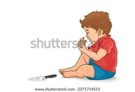 Vector illustration of cute little boy crying in pain from cut finger wound,playing dangerously with kitchen knife,blood come out,painful,injured,isolated on white.Prevent accidents for children.