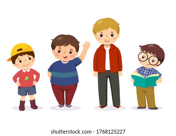 Vector illustration of cute little boys in different character on white background.