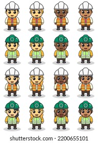 Vector Illustration of Cute Little builders. Childrens with construction tools making job working builders. Kids Construction cartoon. Flat vector cartoon design