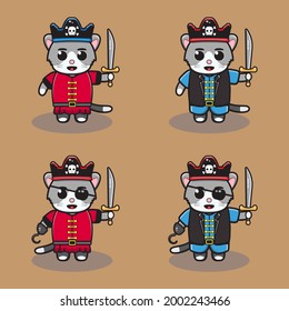 Vector illustration of cute Little Cat   Pirate Captain cartoon set. Good for icon, logo, label, sticker, clipart.