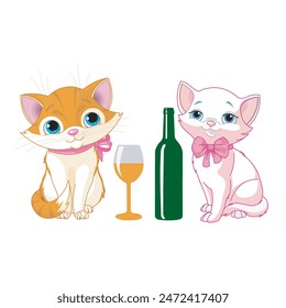 Vector Illustration of Cute Little Cat and Wine