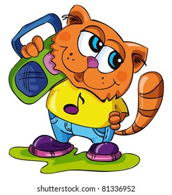 vector illustration- cute little cat listen to his favorite mucsic aloud, loudly