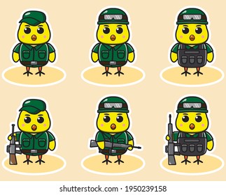 Ilustración vectorial del lindo juego de dibujos animados de Little Chicken Soldier. Conjunto de diseño de caracteres de expresión de pequeño pollo. Es bueno para el icono, logotipo, etiqueta, pegatina, clipart.
