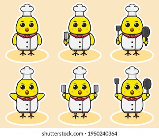 Vector illustration of cute Little Chicken Chef cartoon set. Cute Little Chicken expression character design bundle. Good for icon, logo, label, sticker, clipart.