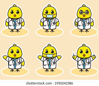Vector illustration of cute Little Chicken Doctor cartoon set. Cute Little Chicken expression character design bundle. Good for icon, logo, label, sticker, clipart.