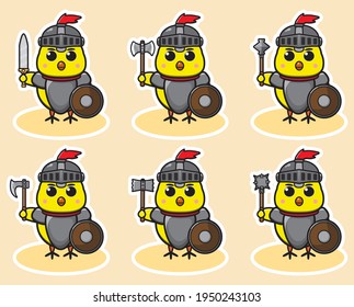 Vector illustration of cute Little Chicken Knight cartoon set. Cute Little Chicken expression character design bundle. Good for icon, logo, label, sticker, clipart.