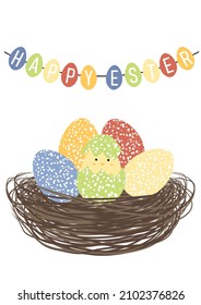 Vector illustration of cute little chicken in a nest with easter eggs. Happy Easter greetings text. Design for web, site, banner, poster, card, paper print, postcard, flyer. Vector illustration