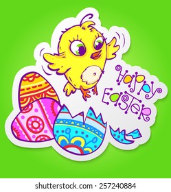 Vector illustration of cute little chicken hatched out easter egg. Easter sticker. Happy easter lettering. Happy easter text with colored eggs for your design.  